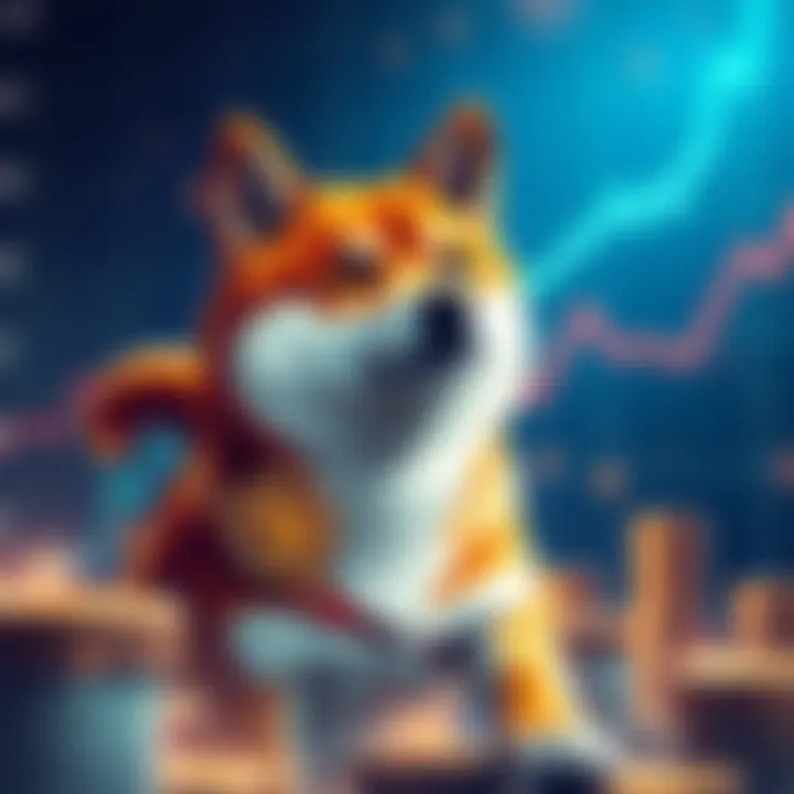 Shiba Inu Cryptocurrency A Shiba Inu dog graphic symbolizing the rise of Shiba Inu cryptocurrency with a background of upward price charts and coins, highlighting its popularity.