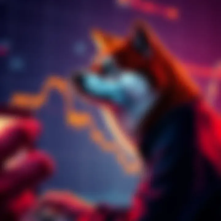 Graph showing the decline of Shiba Inu cryptocurrency with a downward trend and a worried investor looking at the screen