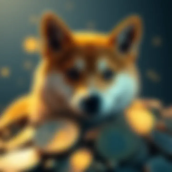 A Shiba Inu dog surrounded by digital coins representing cryptocurrency investments.