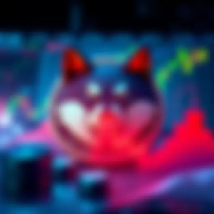 A graphic showing the Shiba Inu coin symbol surrounded by graphs indicating market ups and downs, illustrating investment challenges.