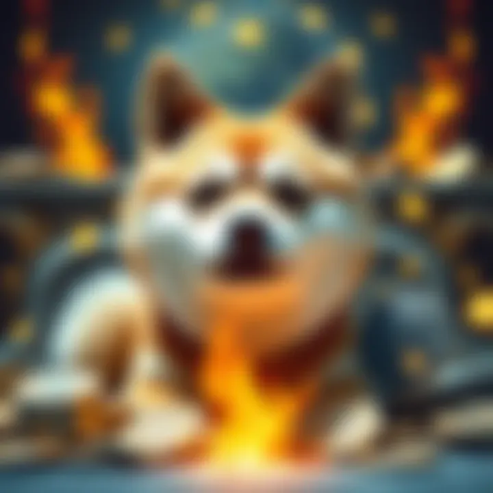 A Shiba Inu dog symbolizing the launch of the Shiba Inu cryptocurrency, with coins surrounding it and a depiction of a digital wallet burning tokens.