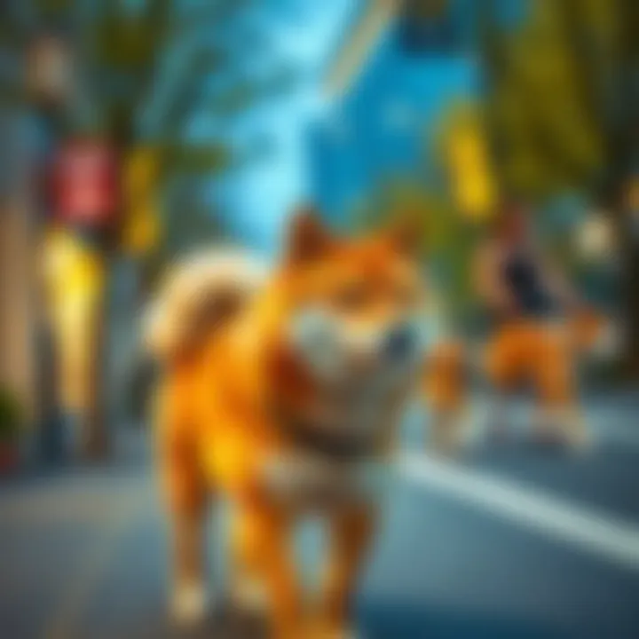 A Shiba Inu calmly walks by other dogs, showing its owner's training in neutrality.