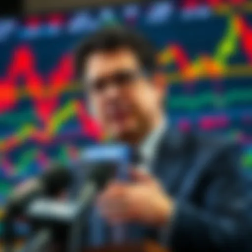 Martin Shkreli speaks at a press conference, demanding the arrest of Michael Saylor over STRC stock promotion, with a backdrop of stock market graphs.