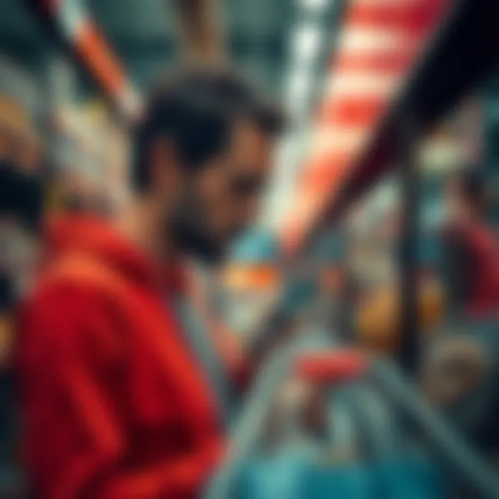 A concerned shopper looking at price tags in a store, weighing options due to uncertain pricing.