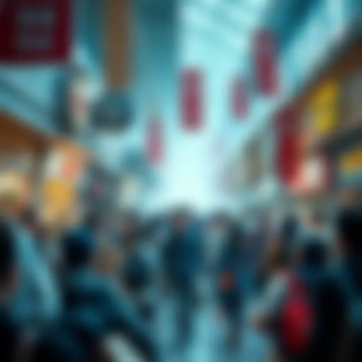 A busy marketplace with shoppers eagerly purchasing items, highlighting consumer urgency and excitement.