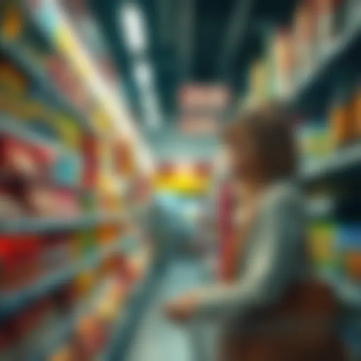 A shopper in a grocery store aisle examining AB products on the shelf.