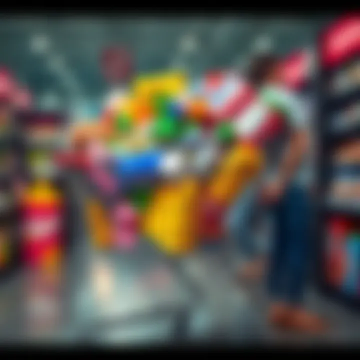 A shopping cart overflowing with various non-essential goods, showcasing impulsive spending amidst rising prices.