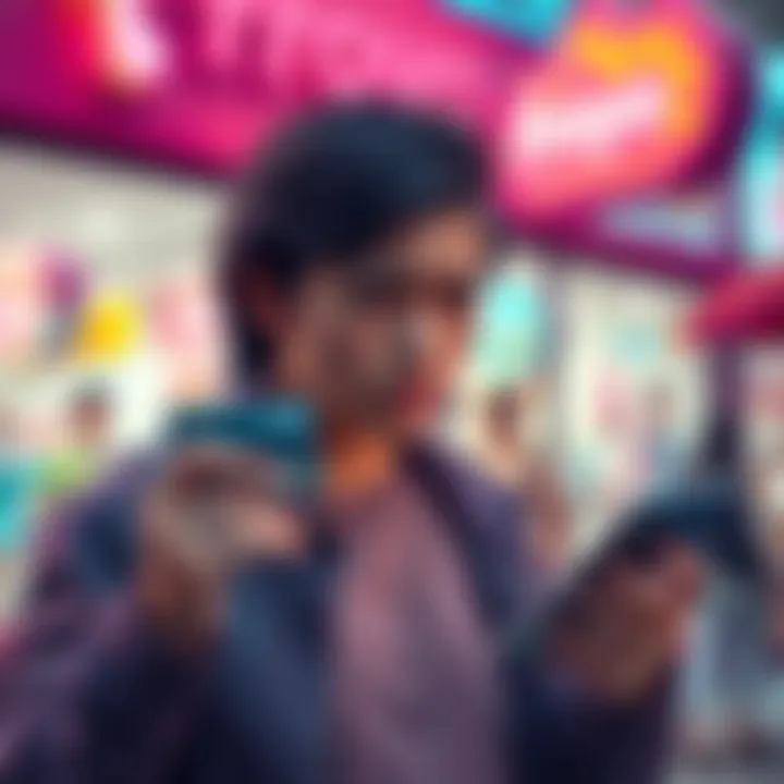A worried person holding a credit card and a phone, thinking about sharing card info in front of a froyo shop.