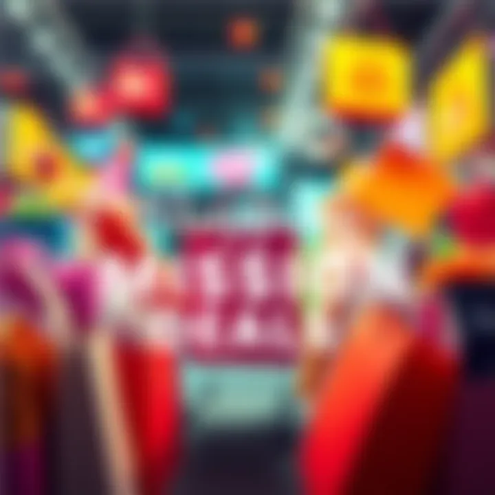 A vibrant display of shopping bags filled with exciting products, showcasing discounts and offers, inviting shoppers to explore deals.