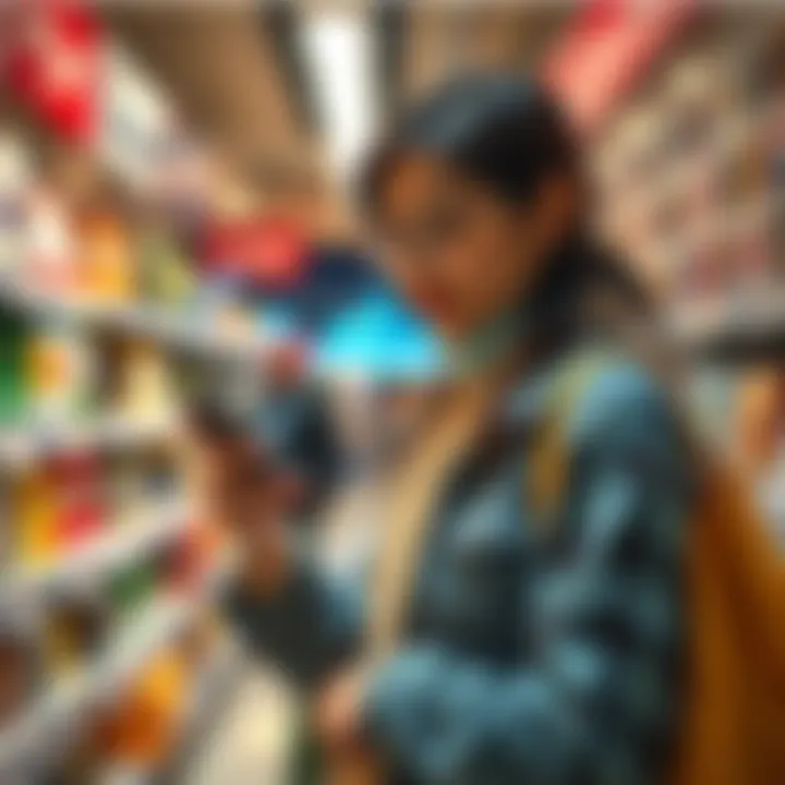 A shopper looking at a smartphone displaying rewards points while shopping in a store