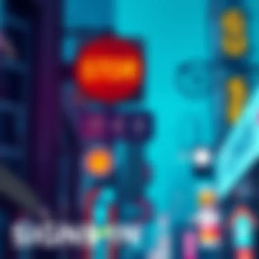 Various signs representing societal changes and future implications, including arrows, charts, and symbols in a vibrant urban setting.