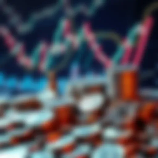 A pile of silver coins beside financial charts and graphs showing market trends.