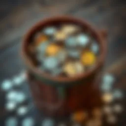 A vintage bucket filled with unsearched 90% silver dimes, showcasing coins from various eras, with original markings, resting on a wooden surface.