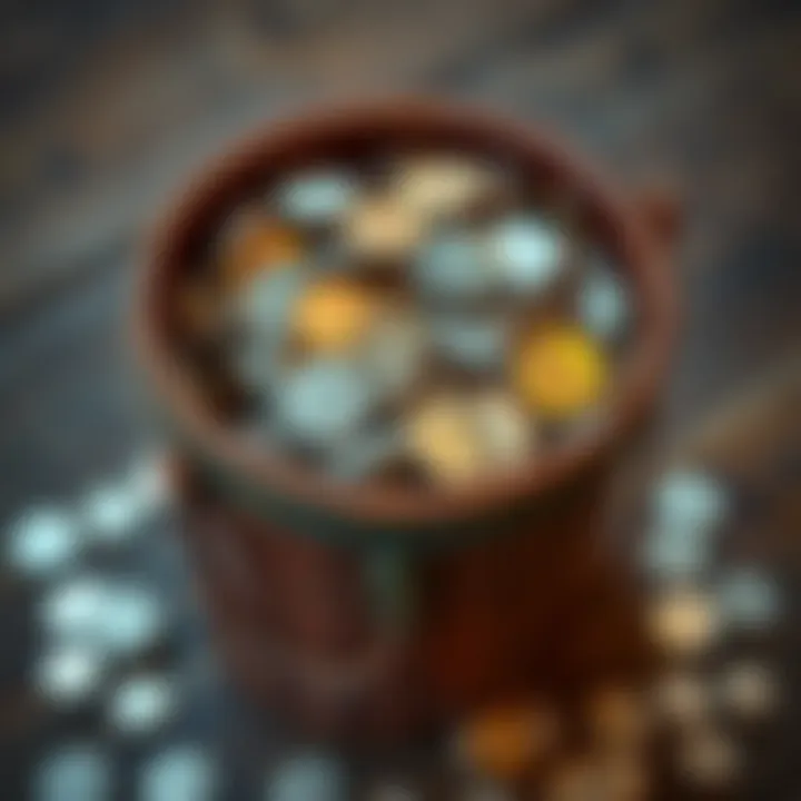 A vintage bucket filled with unsearched 90% silver dimes, showcasing coins from various eras, with original markings, resting on a wooden surface.
