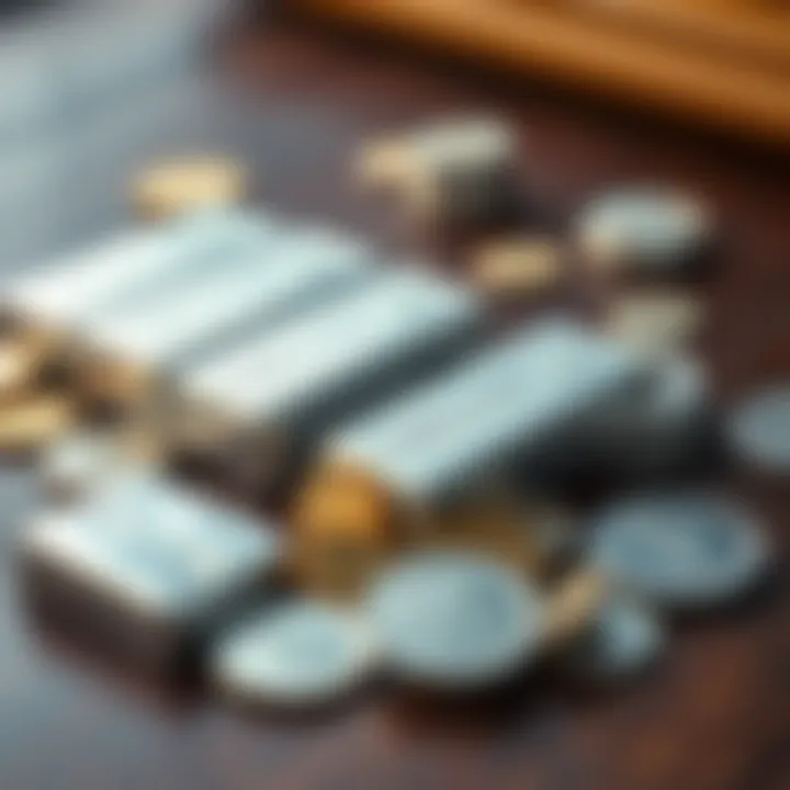 Silver bars and coins on a wooden table A collection of physical silver bars and coins arranged on a wooden table, representing investment options.