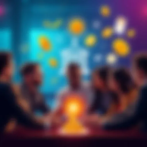 A group of diverse people discussing decentralized finance, with visual symbols of banking and crypto around them, representing easy access to earning yields.