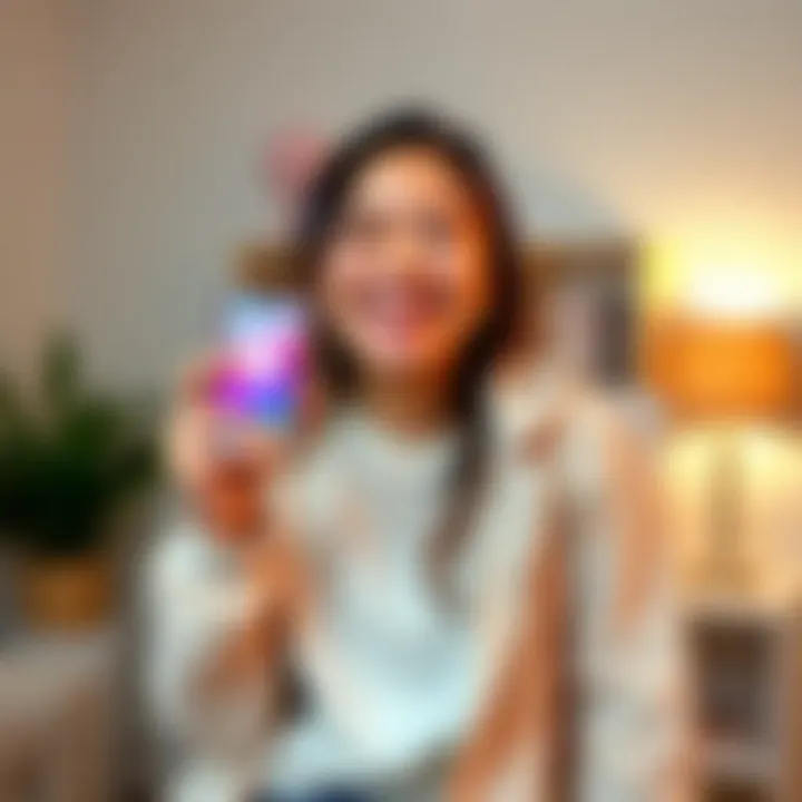 Single mom celebrating cryptocurrency success A happy single mom holding a phone showing a cryptocurrency app, celebrating her overnight profit from a recent investment