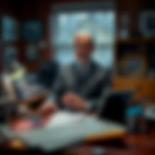 A small town mayor sitting at a desk surrounded by community photos and local documents, reflecting on leadership in a quiet town.
