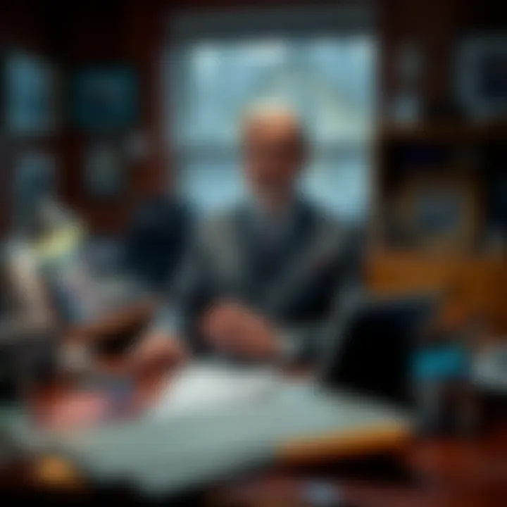 A small town mayor sitting at a desk surrounded by community photos and local documents, reflecting on leadership in a quiet town.