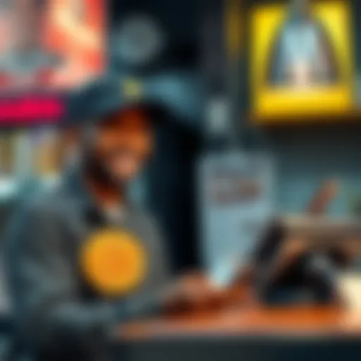 A small business owner smiles while holding a Bitcoin symbol next to a cash register, demonstrating acceptance of cryptocurrency payments.