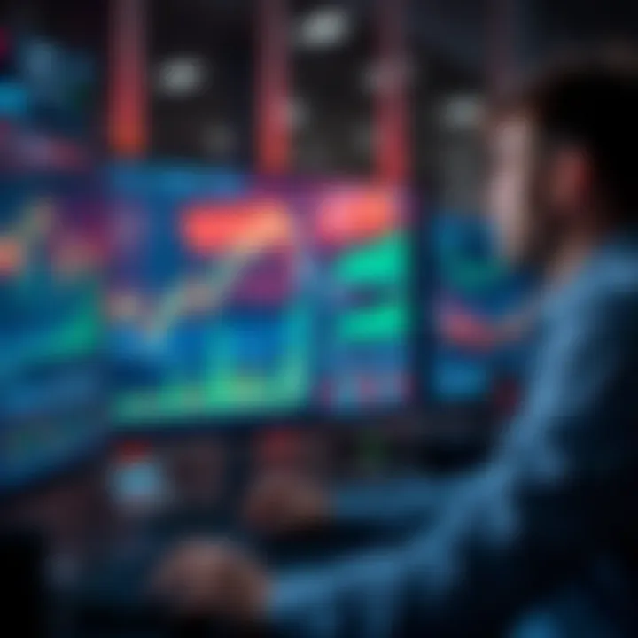 A trader analyzing charts and graphs on a computer screen, focusing on small cap coins with a market cap below 100 million.
