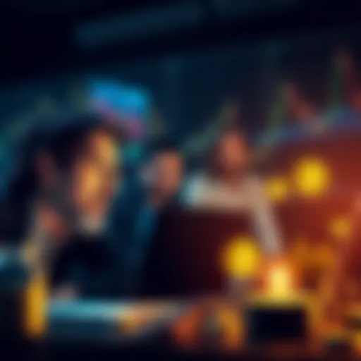 People discussing small crypto investments with a laptop and charts in the background