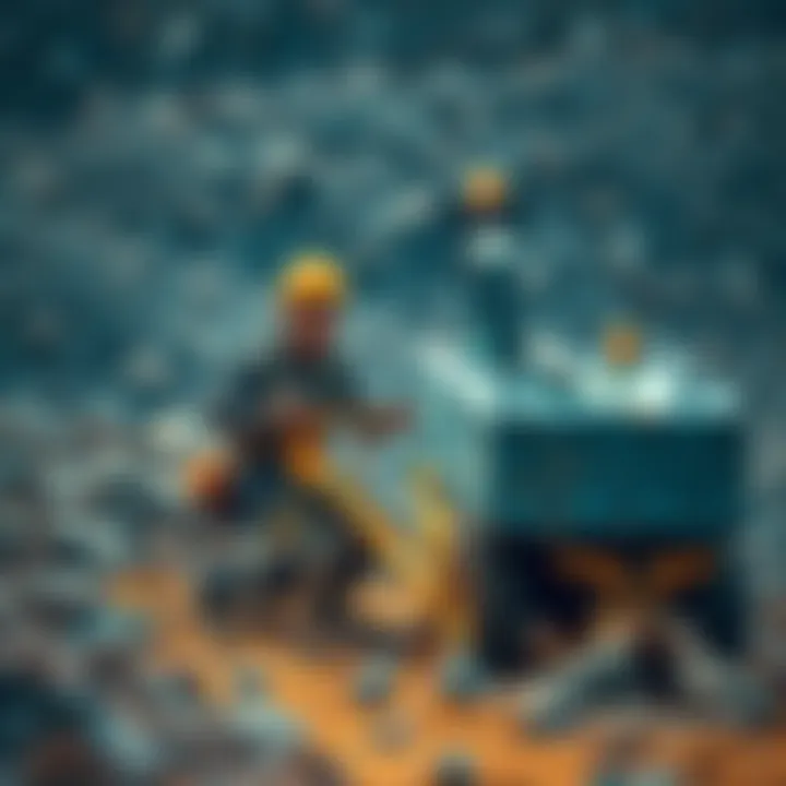 A small-scale miner operates equipment in a field, surrounded by rocks and tools, facing challenges like heat and noise.