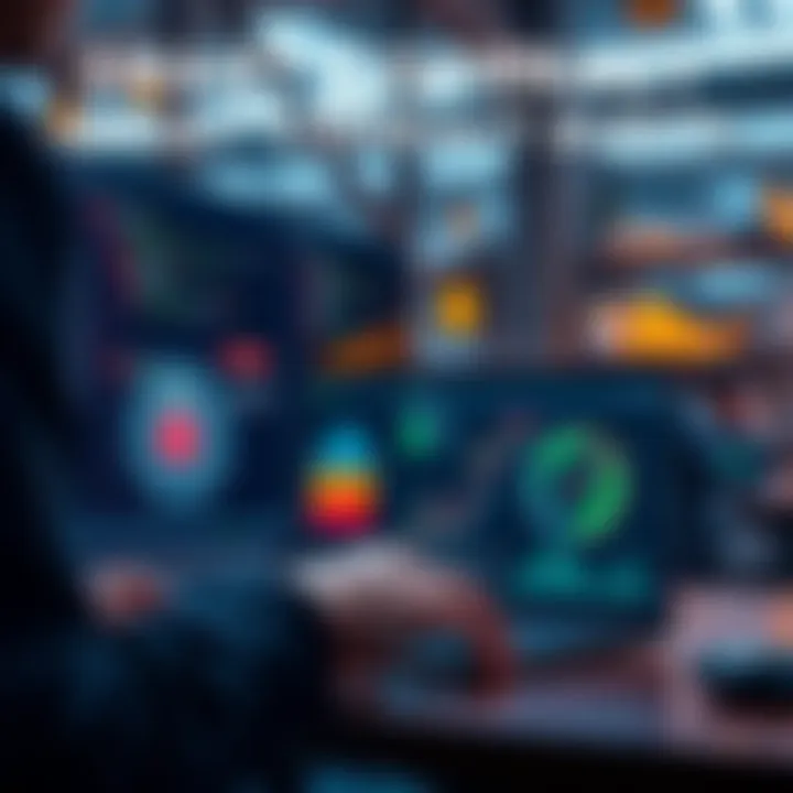 A professional reviewing smart contract code on a laptop, with graphs and security indicators displayed on the screen.