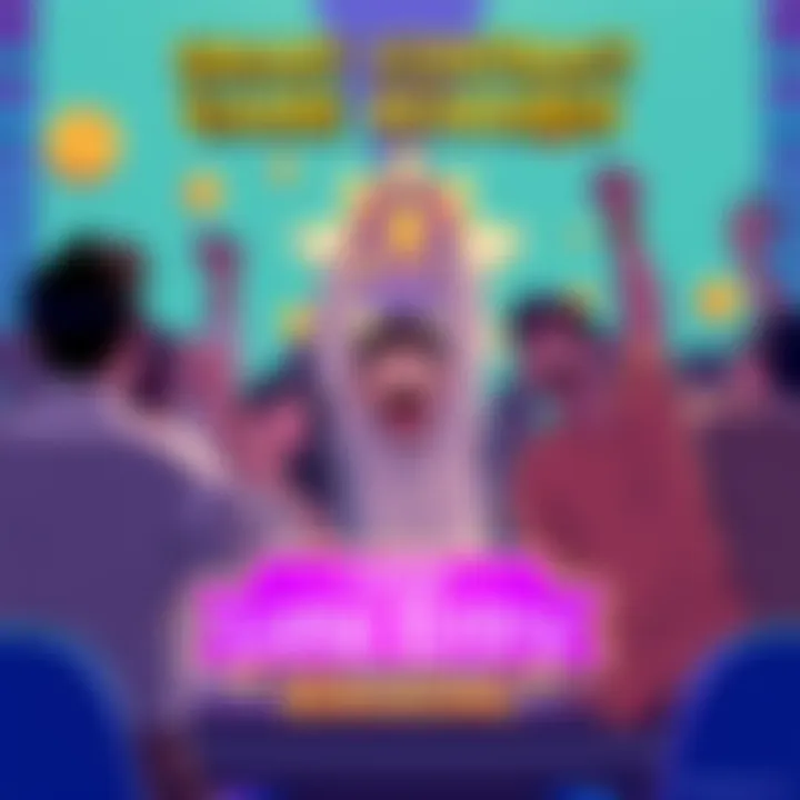 Illustration of a smart contract game showing participants celebrating as they receive rewards from late entry, with a jackpot and trading fee icons in the background.