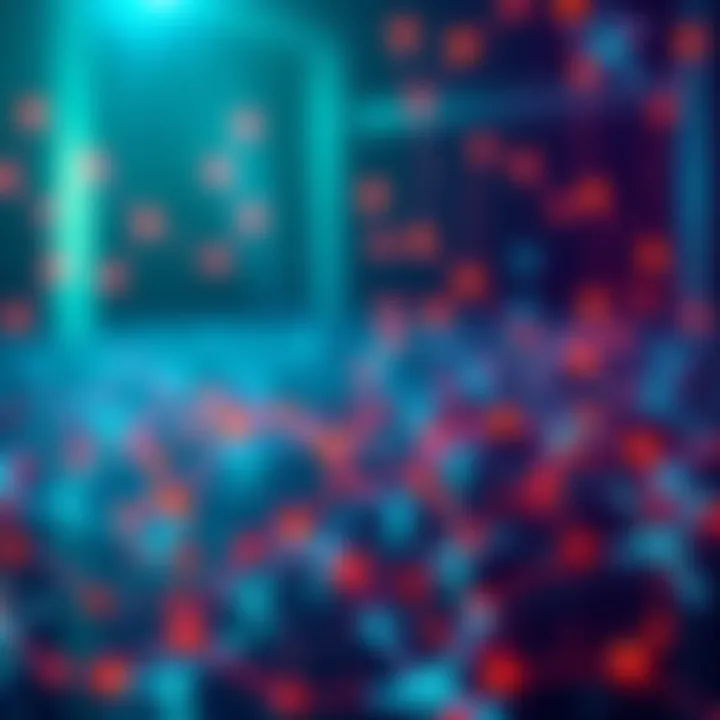 A digital representation of smart contracts scheduling future tasks on the Hedera network with automated features, showing connected nodes in a blockchain environment.