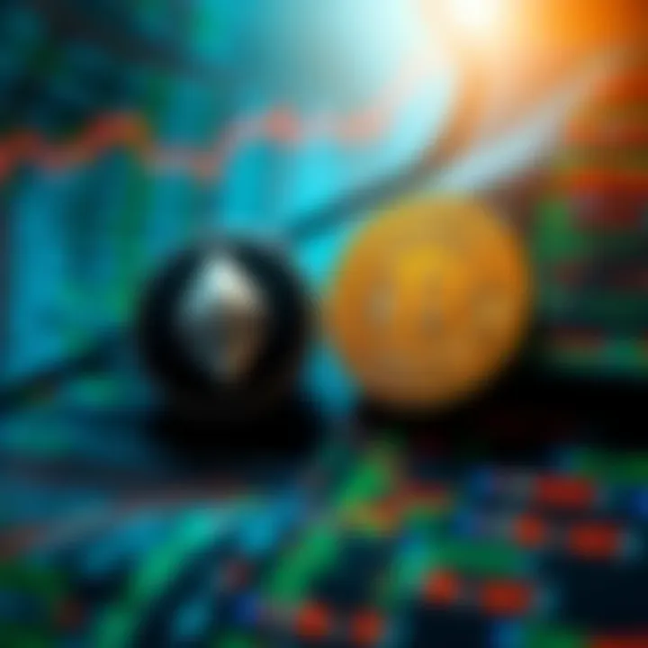 A visual representation of smart contracts being implemented on the Bitcoin blockchain, highlighting the contrast with Ethereum, showing code snippets and symbols of both blockchains.