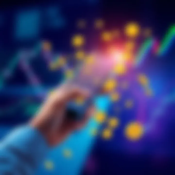 Illustration of a person holding a smartphone with financial graphs and coins around them, symbolizing smart investing and hodling techniques.