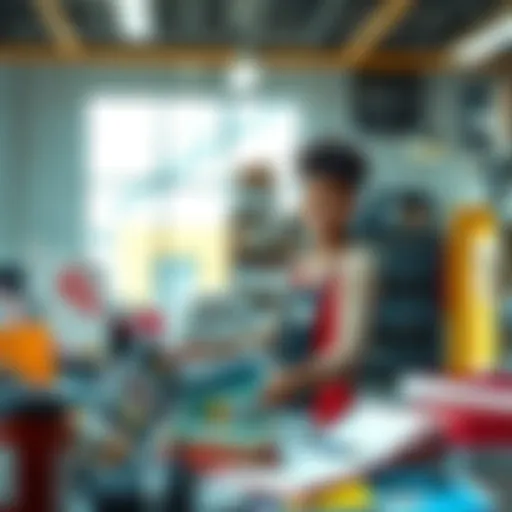 A person organizing items for sale with price tags and marketing materials in a bright setting