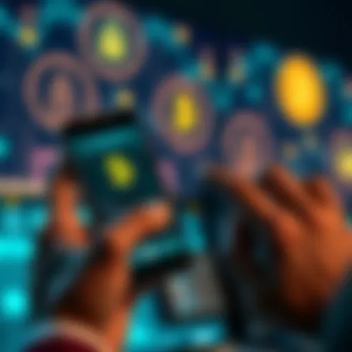 A person using a smartphone to execute a Bitcoin transaction on the Kraken platform, with security icons in the background, showing ease of use and safety.