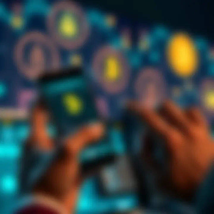 A person using a smartphone to execute a Bitcoin transaction on the Kraken platform, with security icons in the background, showing ease of use and safety.