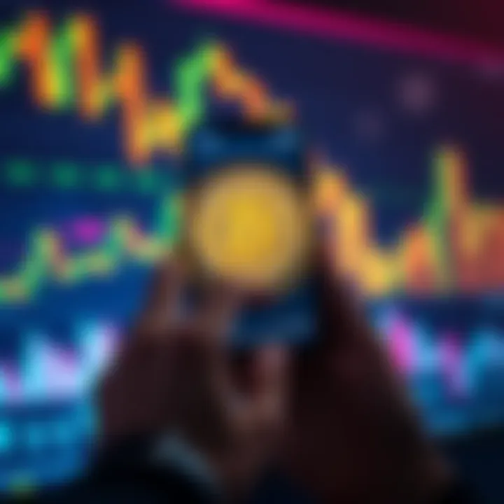 A person using a smartphone to buy Bitcoin through a Self Managed Super Fund, with financial charts in the background