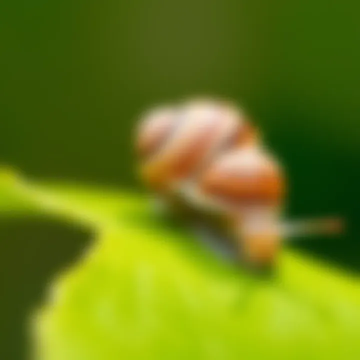 A snail slowly moving on a vibrant green leaf, showing its shell and body clearly.