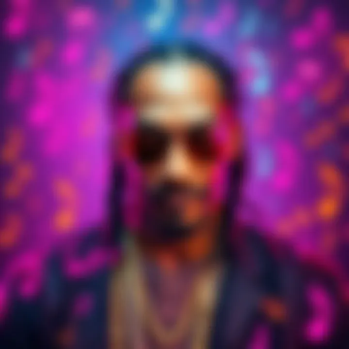 Snoop Dogg surrounded by vibrant music notes, symbolizing his influence in the music industry and the buzz around Tune.fm