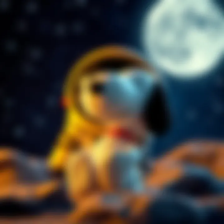 Snoopy plush toy in a space setting with a backdrop of stars and the moon, symbolizing its connection to NASA's Artemis and Apollo missions.