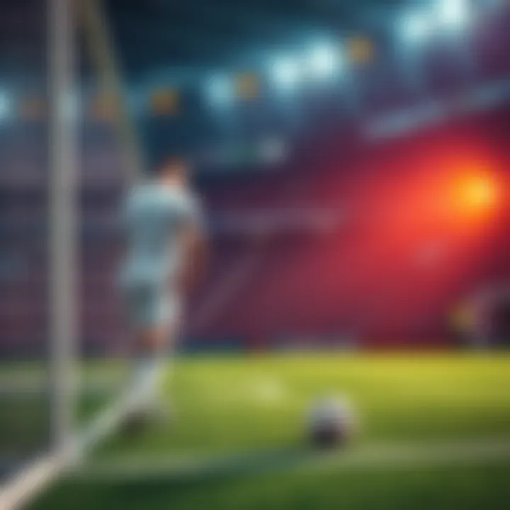 A soccer player stands at the penalty spot, focusing on the goal, ready to take the kick