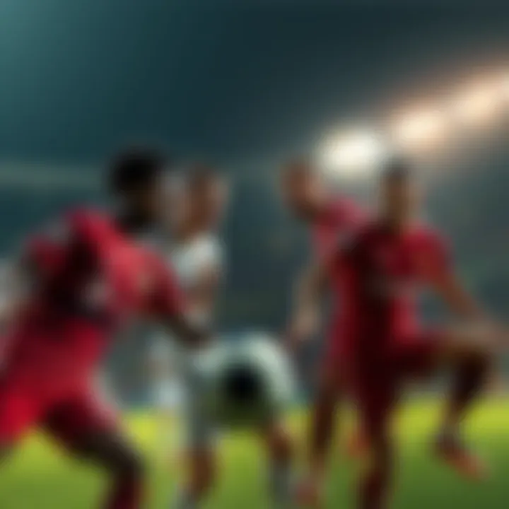 Four soccer players, Mbappe, Dembelle, Schlotterbeck, and Fernandes, strategize together on the field, focusing on achieving a score of 440.