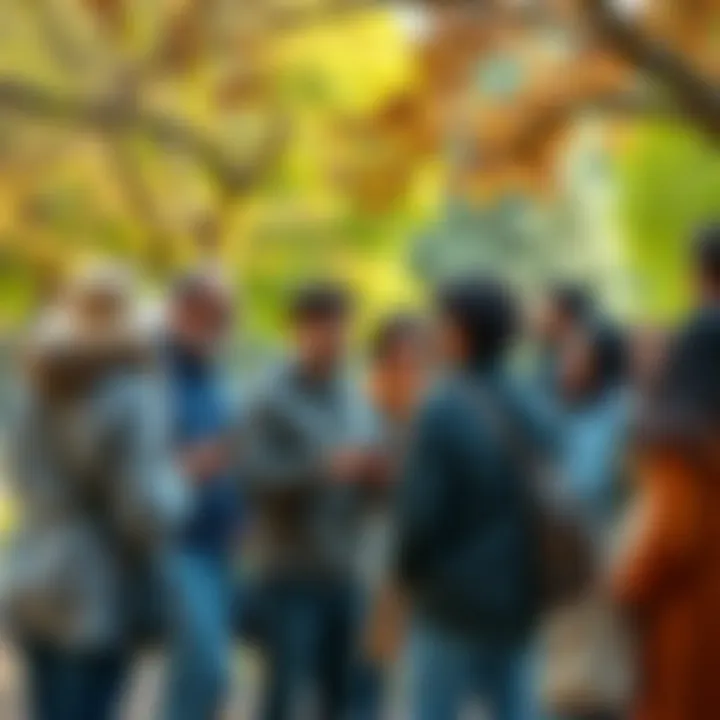 A diverse group of people discussing environmental and political issues in a park setting, reflecting modern challenges and community engagement in 2026.