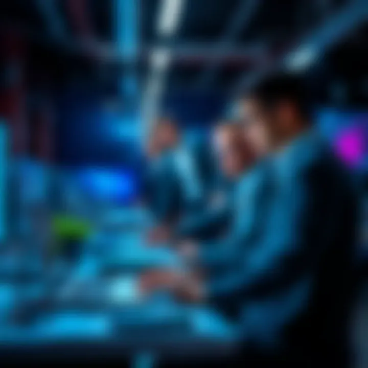 A software engineer working on a laptop in a modern office environment, collaborating with colleagues and discussing code.