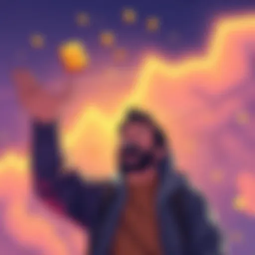 An illustration showing a person excitedly receiving cryptocurrency airdrops with a background of rising Solana prices.