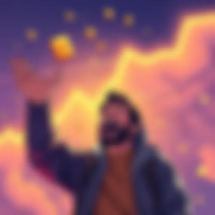 An illustration showing a person excitedly receiving cryptocurrency airdrops with a background of rising Solana prices.