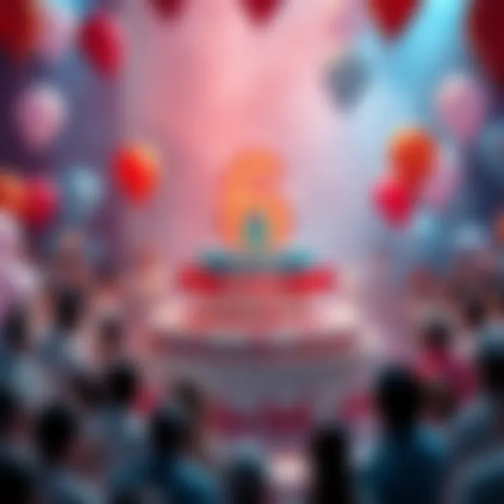 Solana's 6th Anniversary Celebration A vibrant celebration scene with people gathering around a large cake decorated with the Solana logo, balloons, and banners marking 6 years of achievements.