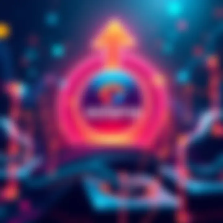 Illustration showing Solana's logo with upward arrows symbolizing growth and popularity, surrounded by digital elements representing technology and blockchain.