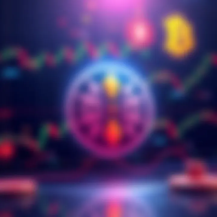 Illustration of Solana's logo with a background depicting stock market charts and crypto symbols, representing its inclusion in the Bitwise 10 Crypto Index ETF.