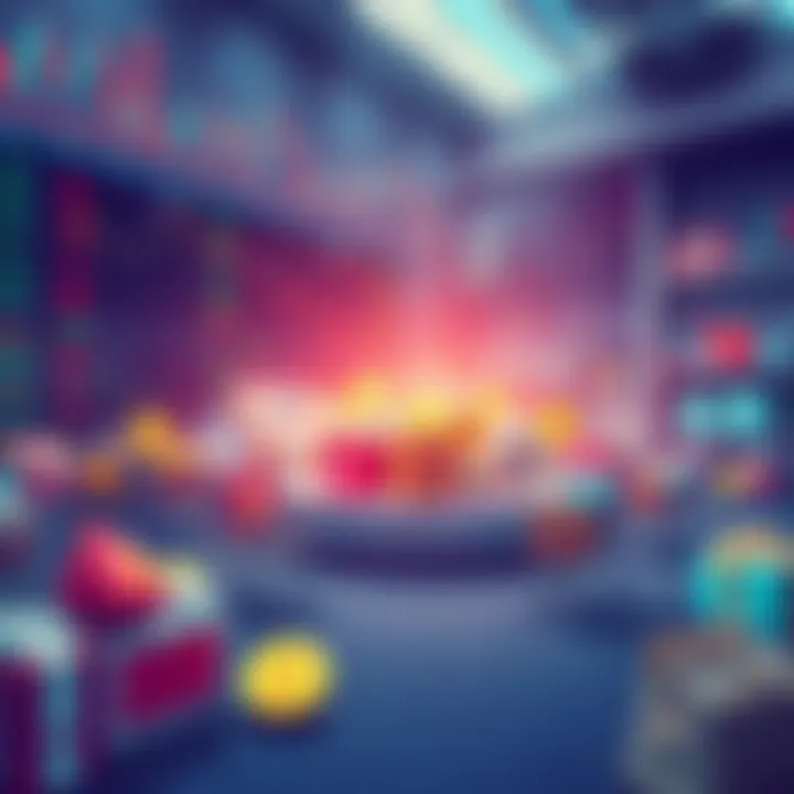 A digital illustration showing Solana logos surrounded by shopping carts and goods, with trading charts in the background to represent the contrast between trading and spending.