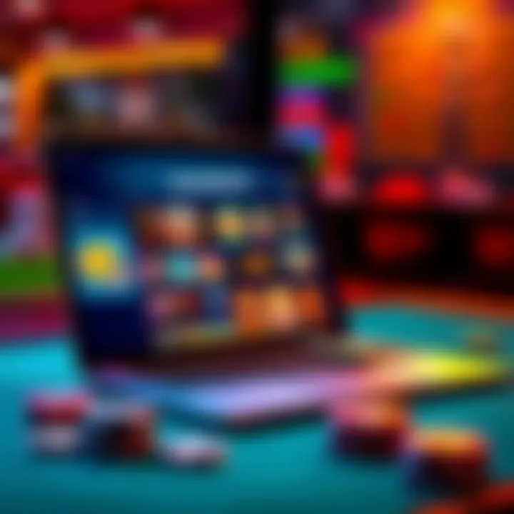 A laptop displaying various Solana gambling site options with graphics of casino games